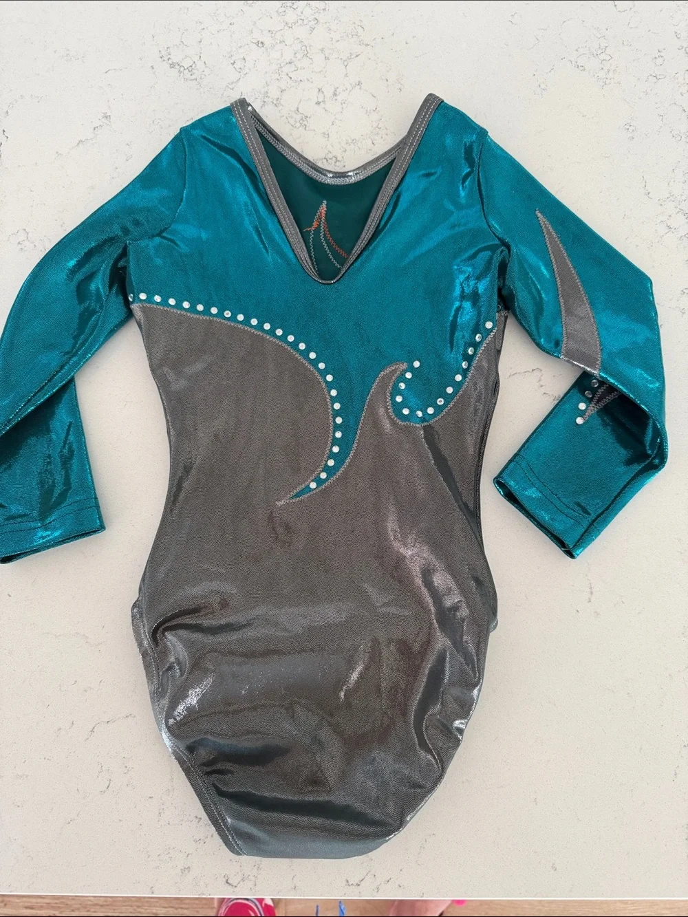 Alpha FacTeal & Gray Metallic Long Sleeve Gymnastics Leotard with Orange Accents